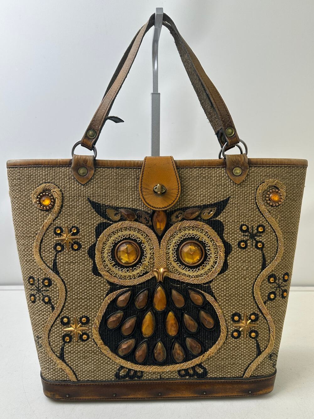 Vintage 1960s Enid Collins Night Owl Bejeweled Canvas Tote Bag